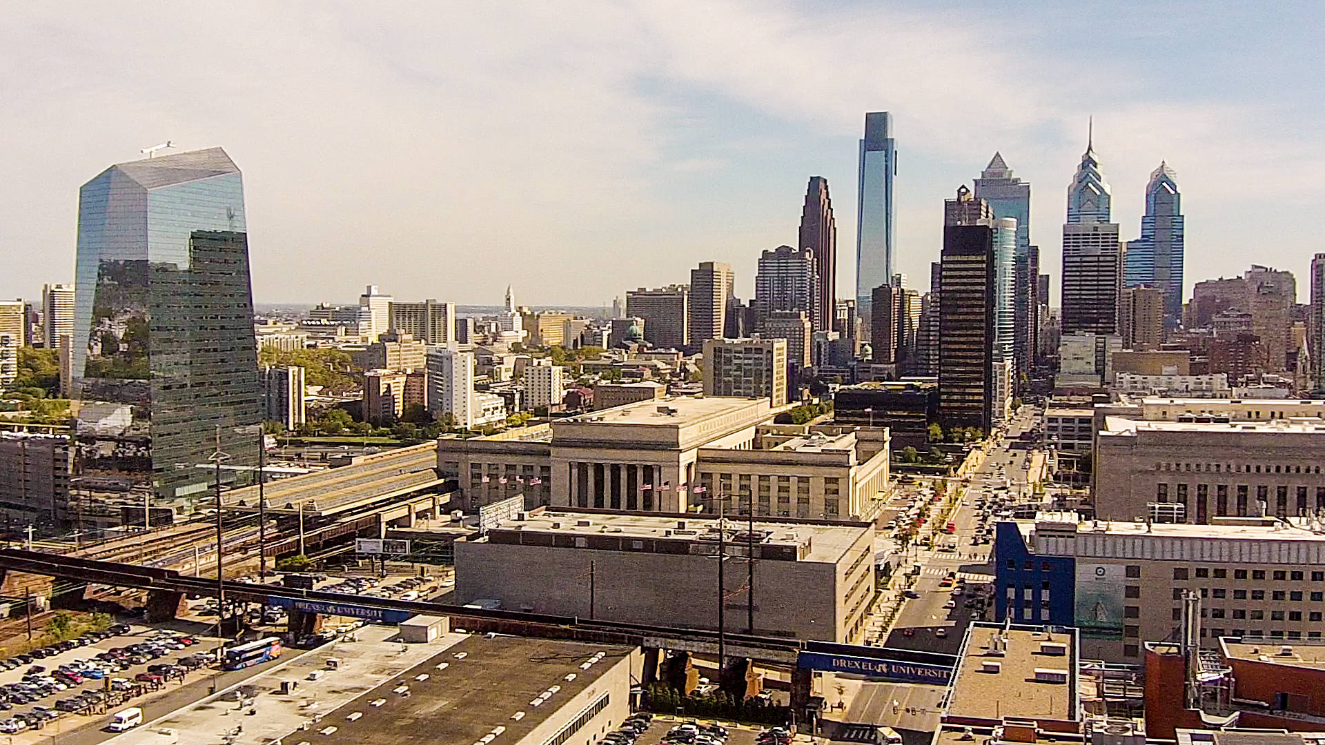 Aerial videography of 30th Street Station and Center City skyline