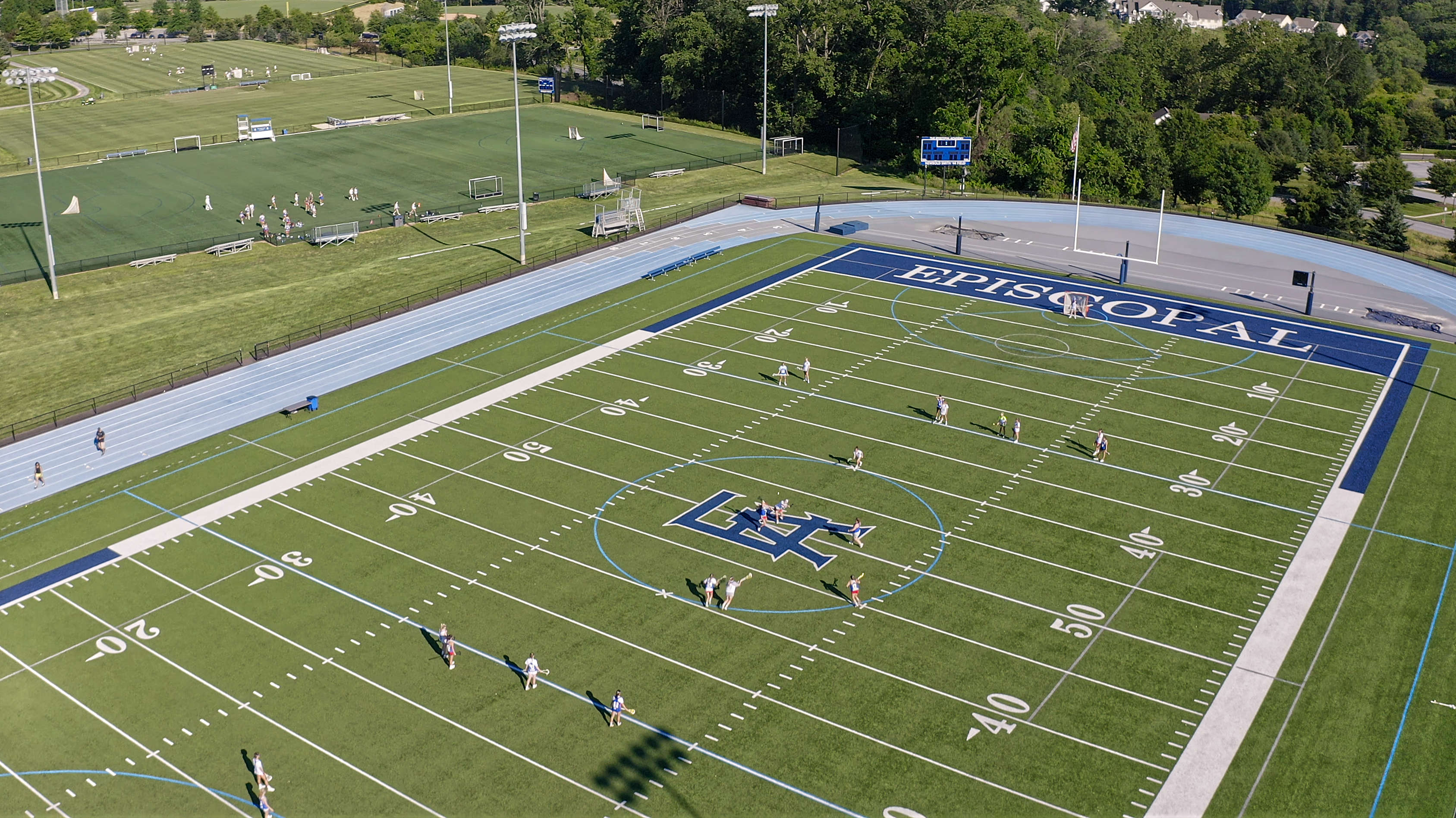Drone video of sports playing fields, high school