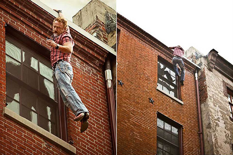 Danny Bonaduce hanging off roof of building in Philadelphia