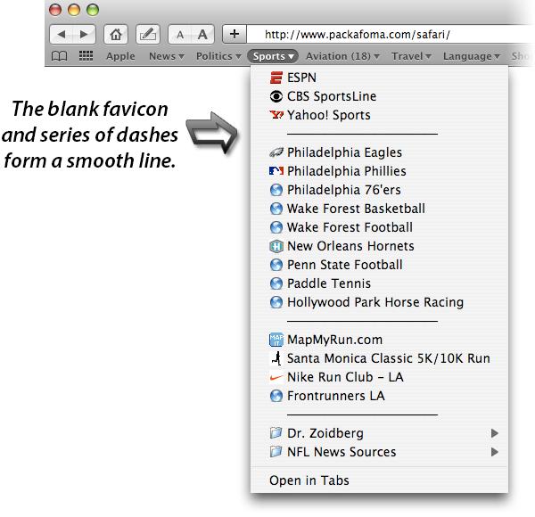 Safari bookmark separator Mac OS X